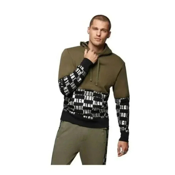 True Religion Green & Black Logo Hooded Sweatshirt M - Picture 1 of 9